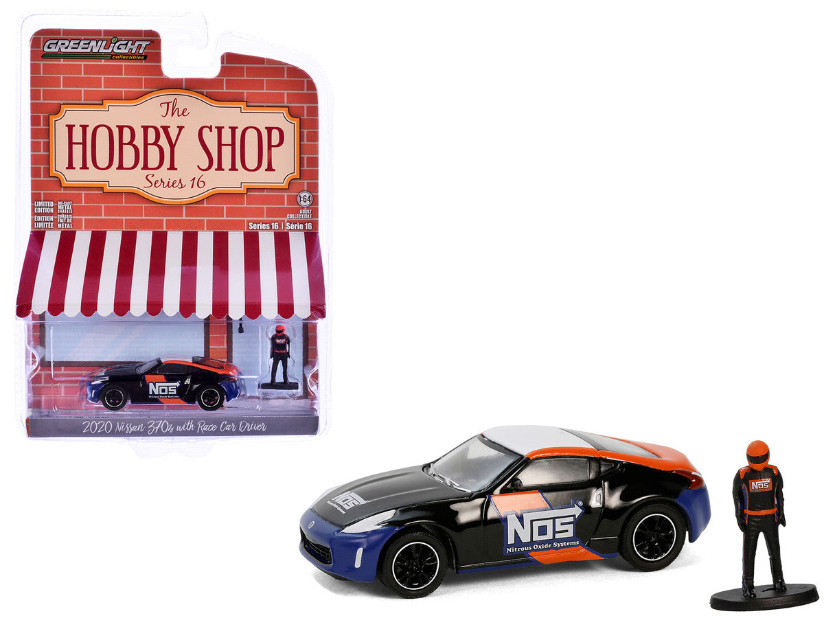 2020 Nissan 370z "NOS Nitrous Oxide Systems" Black with Graphics and Race Car Driver "The Hobby Shop" Series 16 1/64 Diecast Model Car by Greenlight LuxuryLifeWay Online Store