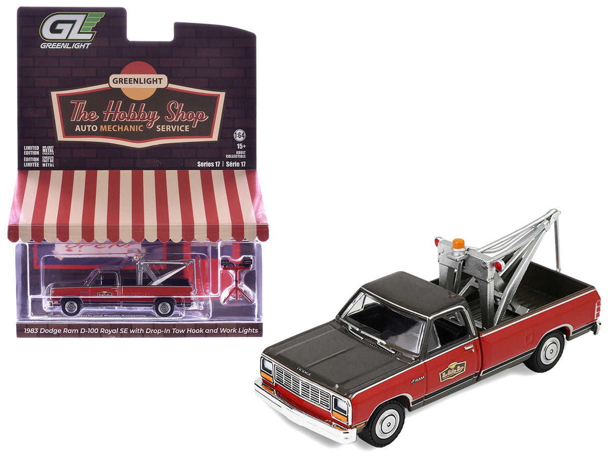 1983 Dodge Ram D-100 Royal SE Tow Truck with Drop-In Tow Hook "Hobby Shop Auto Mechanic" Brown and Red with Work Lights "The Hobby Shop" Series 17 1/64 Diecast Model Car by Greenlight LuxuryLifeWay Online Store