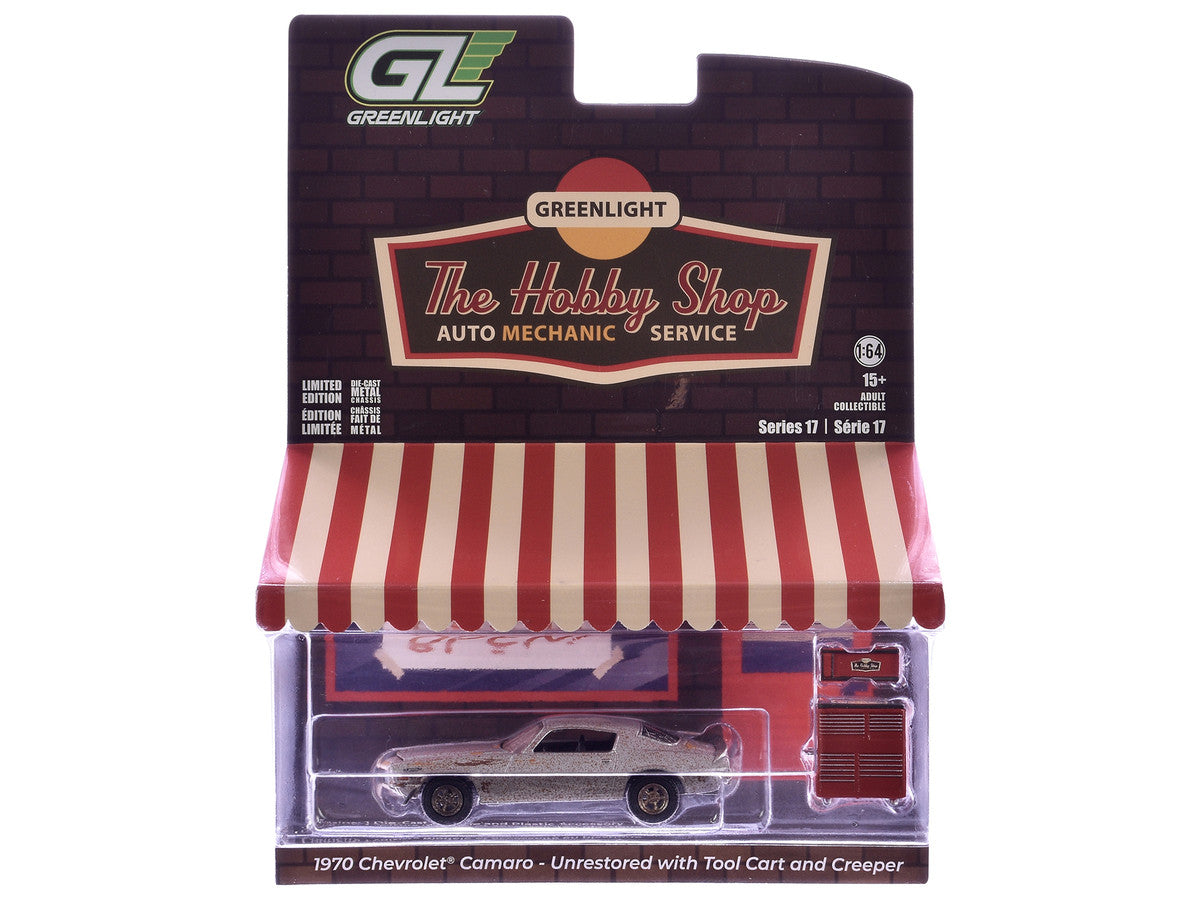 1970 Chevrolet Camaro Cortez Silver (Unrestored) with Tool Cart and Creeper "The Hobby Shop" Series 17 1/64 Diecast Model Car by Greenlight LuxuryLifeWay Online Store