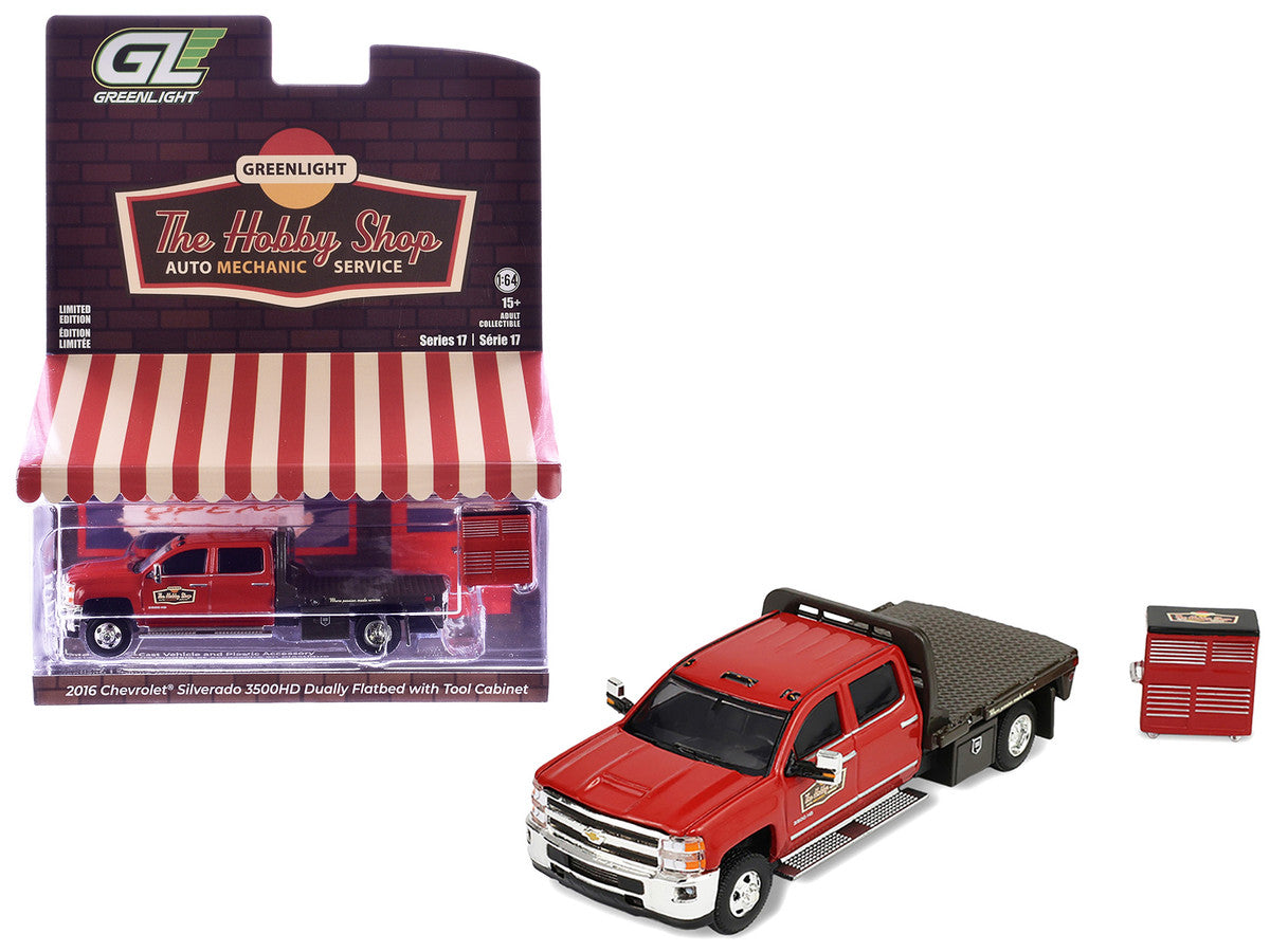 2016 Chevrolet Silverado 3500HD Dually Flatbed Truck "Hobby Shop Auto Mechanic" Red with Tool Cabinet "The Hobby Shop" Series 17 1/64 Diecast Model Car by Greenlight LuxuryLifeWay Online Store