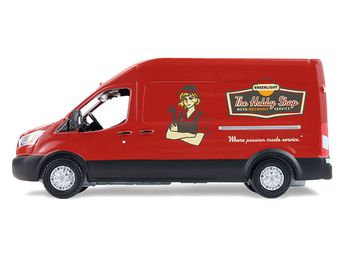 2019 Ford Transit LWB High Roof Van "Hobby Shop Auto Mechanic - Mobile Mechanic" Red with Car Jack and Battery "The Hobby Shop" Series 17 1/64 Diecast Model Car by Greenlight LuxuryLifeWay Online Store