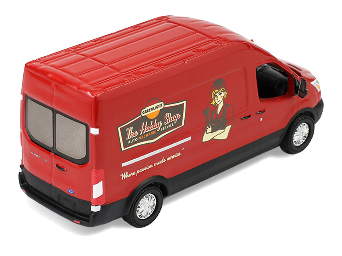 2019 Ford Transit LWB High Roof Van "Hobby Shop Auto Mechanic - Mobile Mechanic" Red with Car Jack and Battery "The Hobby Shop" Series 17 1/64 Diecast Model Car by Greenlight LuxuryLifeWay Online Store
