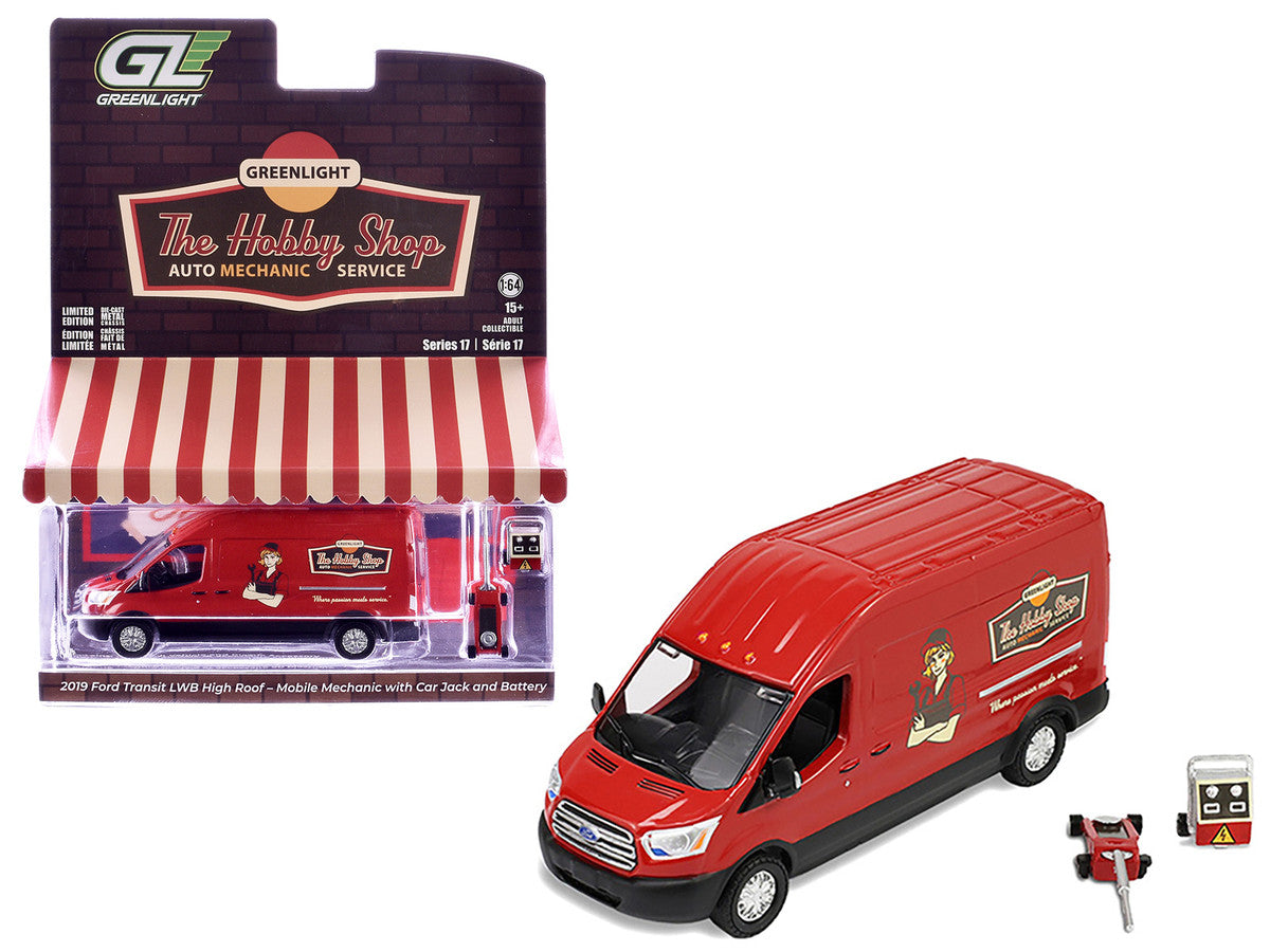 2019 Ford Transit LWB High Roof Van "Hobby Shop Auto Mechanic - Mobile Mechanic" Red with Car Jack and Battery "The Hobby Shop" Series 17 1/64 Diecast Model Car by Greenlight LuxuryLifeWay Online Store