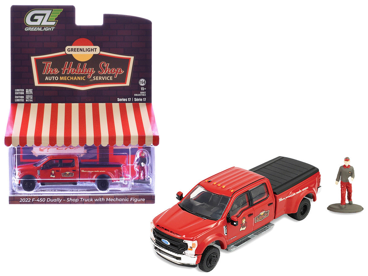 2022 Ford F-450 Dually Pickup Truck "Hobby Shop Auto Mechanic" Red with Mechanic Figure "The Hobby Shop" Series 17 1/64 Diecast Model Car by Greenlight LuxuryLifeWay Online Store