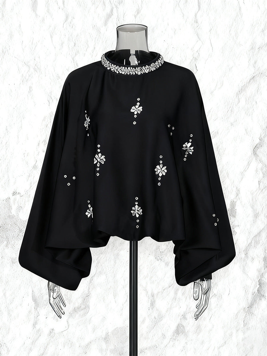 Round Neck Rhinestone Loose Solid Color Pullover Shirt NorixaFashion.com