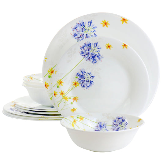 Gibson Ultra Violet Floral 12 Piece Tempered Opal Glass Dinnerware Set LuxuryLifeWay Online Store