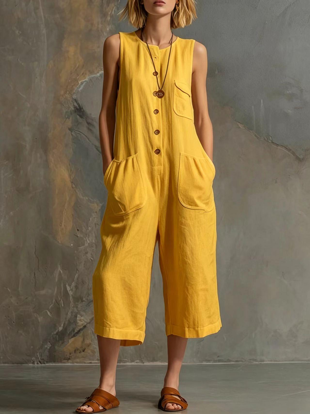 Retro Sleeveless Cotton-Linen Wide-Leg Cropped Jumpsuit LadyShow.Store