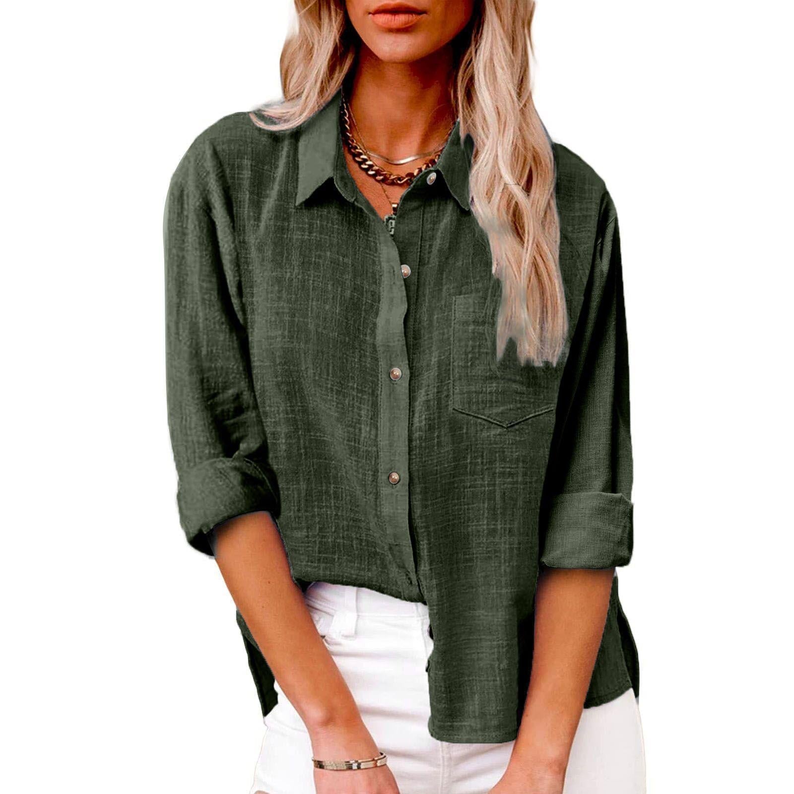 Pocket Split Cotton And Linen Long-sleeved Shirt NorixaFashion.com