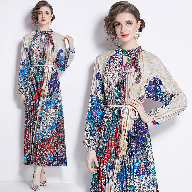 Pleated Tassel Belt Dress Women NorixaFashion.com