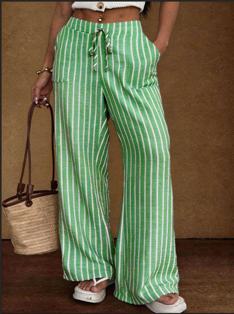 Striped Loose Commuter Casual Lace-up Elastic-waist Wide-leg Trousers NorixaFashion.com