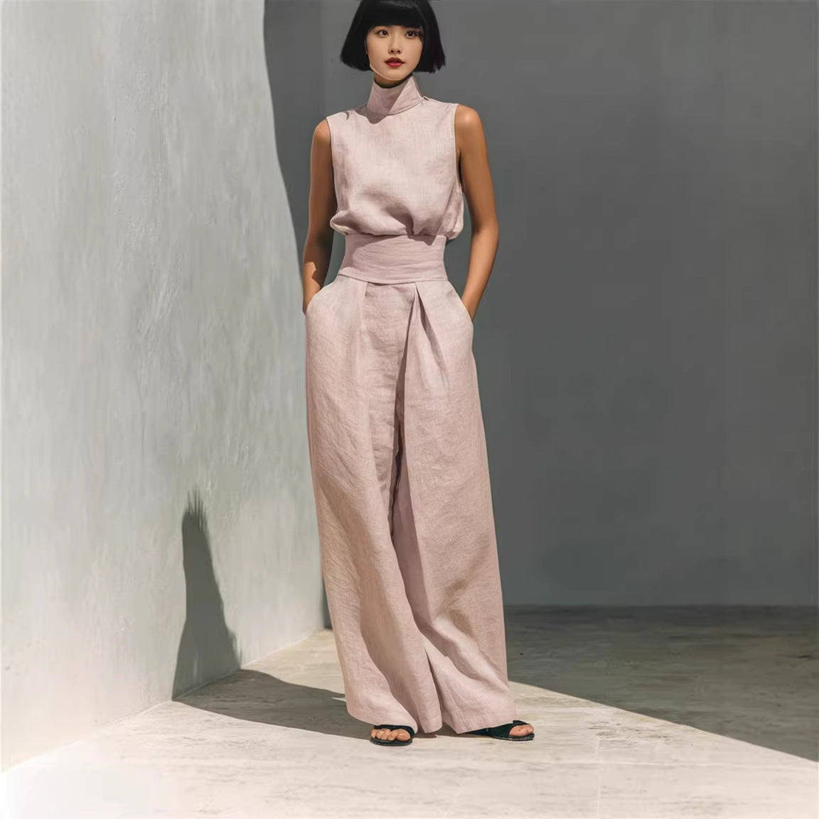 Casual Sleeveless Suit Summer Stand-up Collar Pullover Top And Loose Straight-leg Trousers Women's Clothing LadyShow.Store