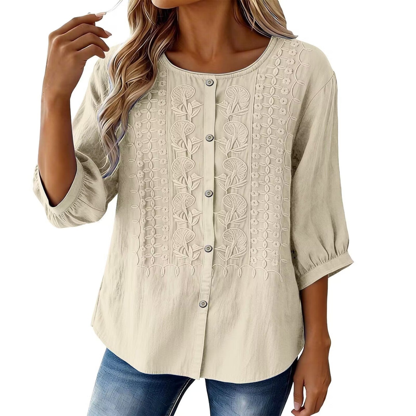 V-Neck Short Sleeve Cotton Linen Shirt, Heavy Embroidery Casual Blouse NorixaFashion.com