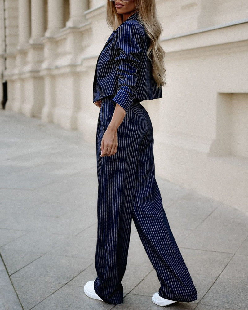 Women's Spring Fashion Striped Suits Casual Lapel Long Sleeve Cropped Top And Straight Pants Outfits Women's Clothing LadyShow.Store
