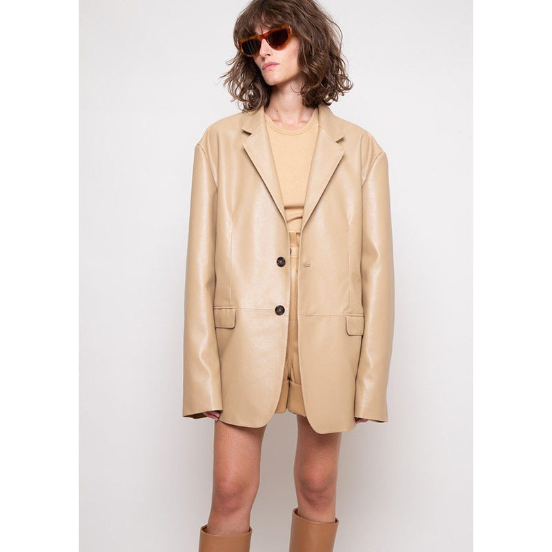 Women's Protein Leather Loose Profile Long-sleeved Cardigan Casual Jacket Best YouTube Store
