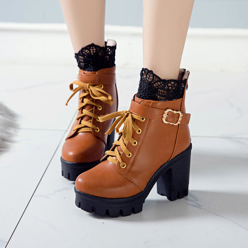 Lace Ankle Boots Lace-up Square Heeled Shoes Women White Black Boots LadyShow.Store