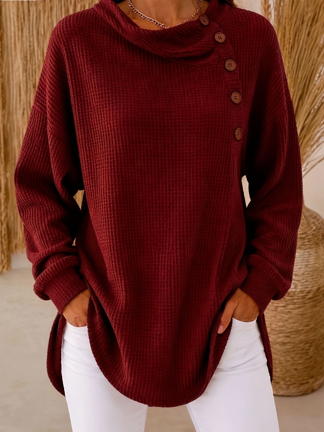 Womens Solid-Color Waffle-Weave Long-Sleeve Button-Up Casual Shirt Comfortable Top NorixaFashion.com