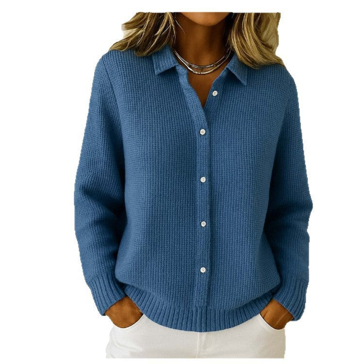 2026 New European And American Cross-Border Turn-Down Collar Solid Color Sweater Cardigan European And American Cross-Border Casual Knit Jacket For Women In Autumn And Winter NorixaFashion.com