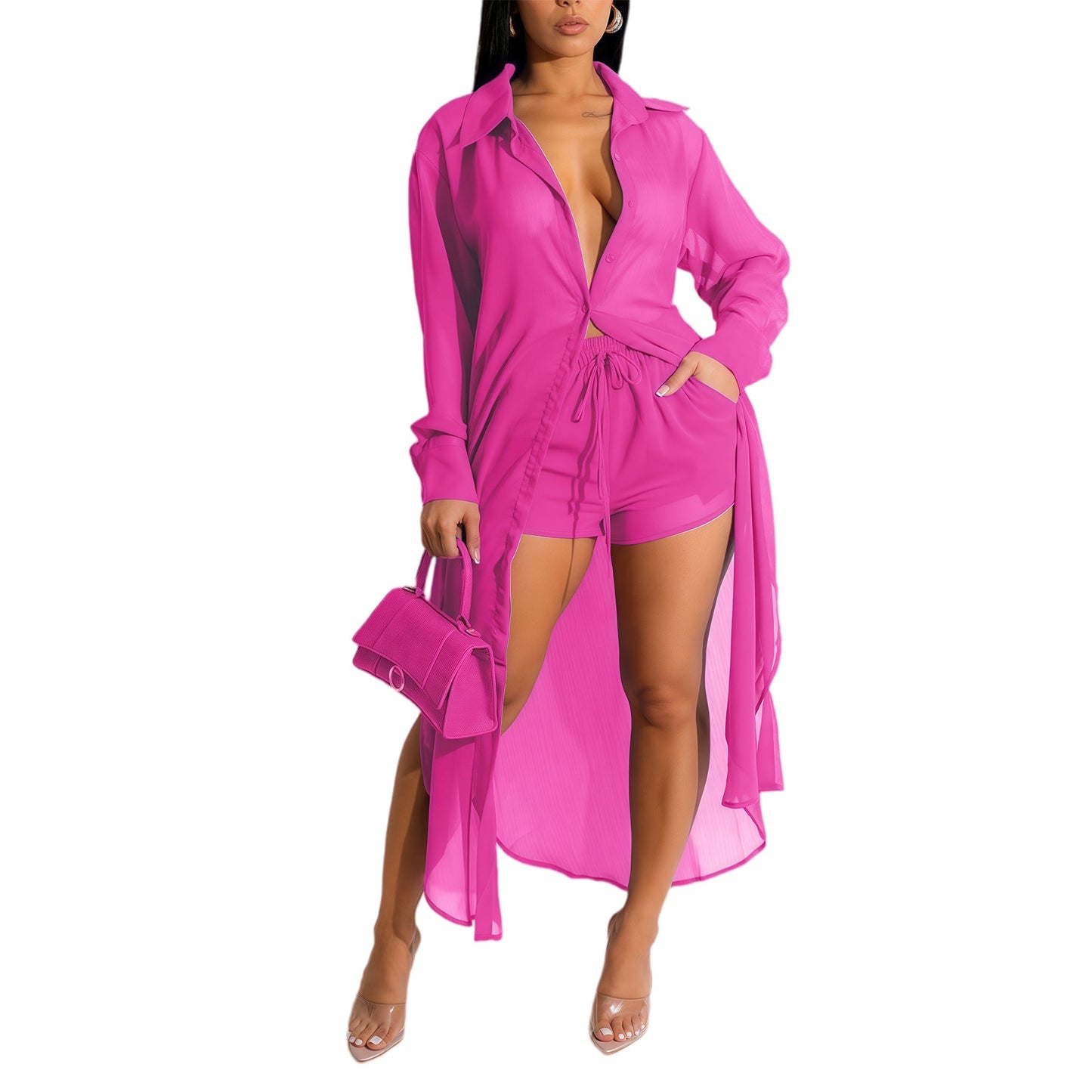 Sheer Long-sleeve Cardigan Buttoned Side-split Blouse And Shorts Set NorixaFashion.com