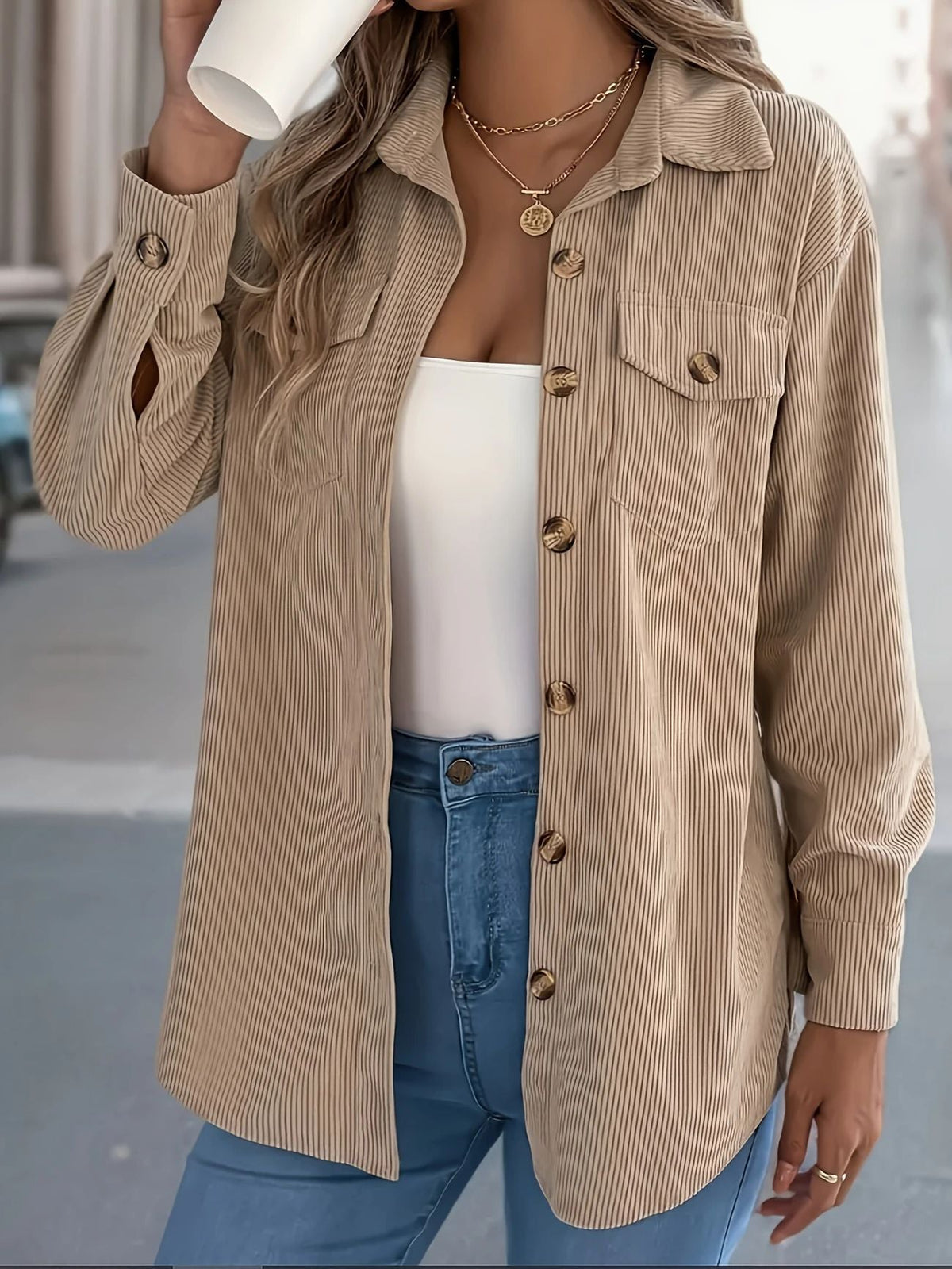 European And American Corduroy Striped Mid-length Coat Shirt NorixaFashion.com