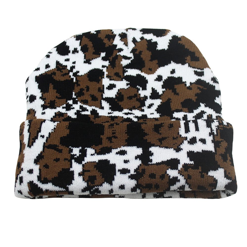 Winter Warm Cow Pattern Knitted Hat For Men And Women Curled Edge Woolen Hat