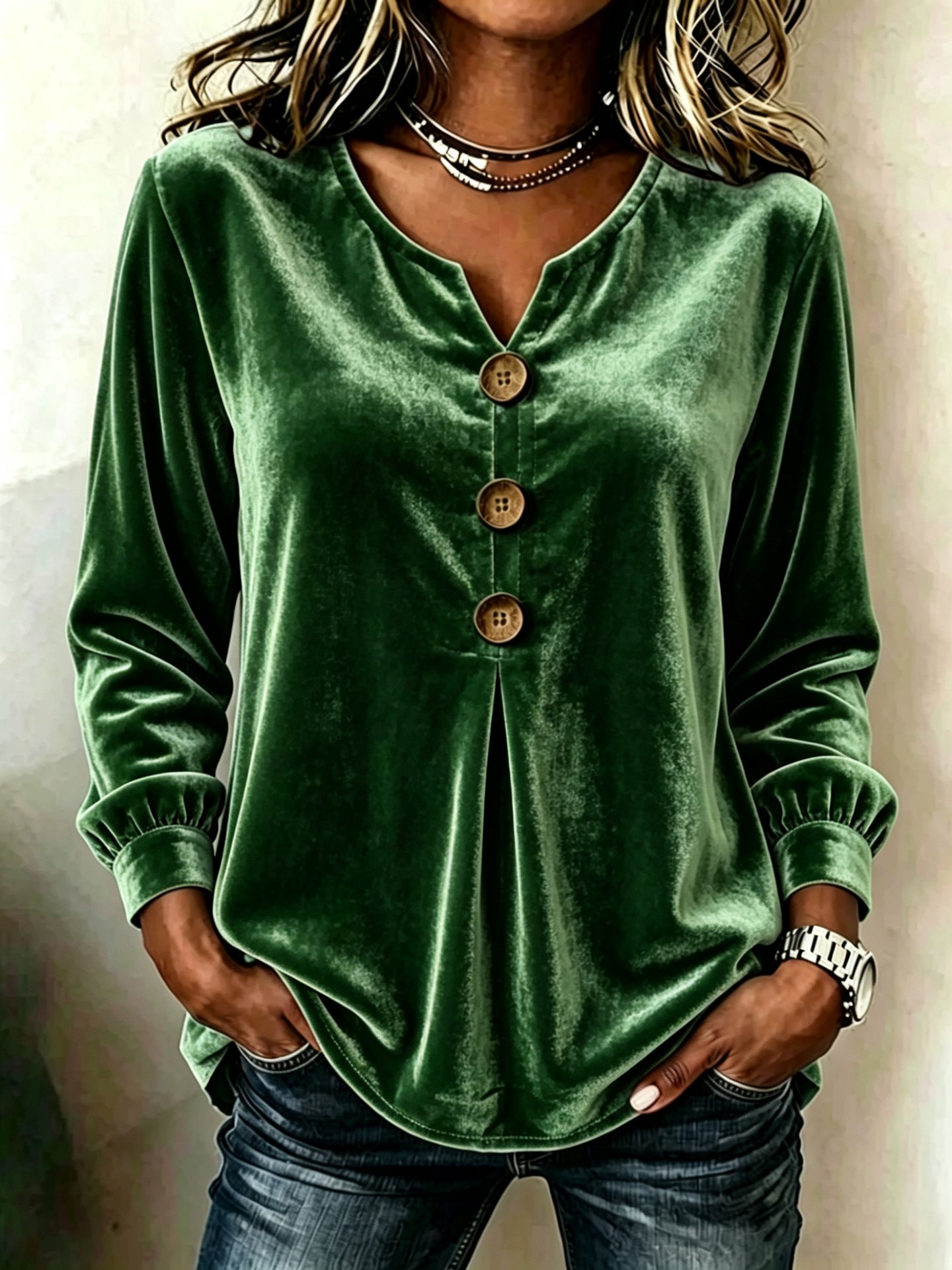 Elegant V-neck Buttoned Long-sleeve Velvet Blouse For Women NorixaFashion.com