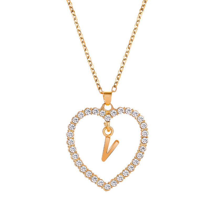 Womens Stylish & Minimalist Diamond-Encrusted 26-Letter Heart Pendant Necklace Best YouTube Store