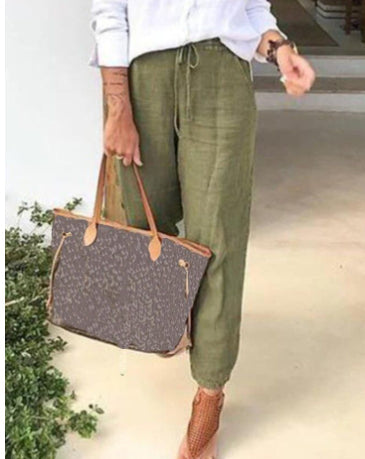 Cotton And Linen Women's High Waist Elastic Waist Solid Color Cotton And Linen Casual Pants NorixaFashion.com