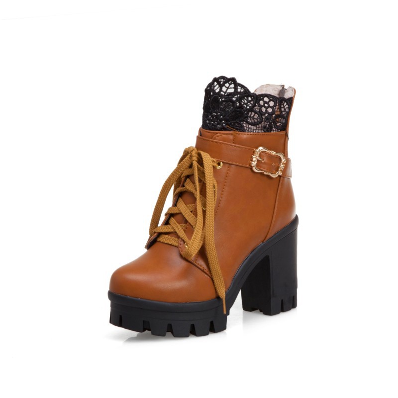 Lace Ankle Boots Lace-up Square Heeled Shoes Women White Black Boots LadyShow.Store