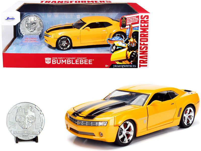 2006 Chevrolet Camaro Concept Yellow Bumblebee with Robot on Chassis and Collectible Metal Coin "Transformers" Movie 1/24 Diecast Model Car by Jada LuxuryLifeWay Online Store
