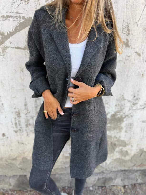 Lapel Single Breasted Cardigan With Pockets Fashion Color Solid Mid-Length Outwear Coat Womens Clothing LadyShow.Store