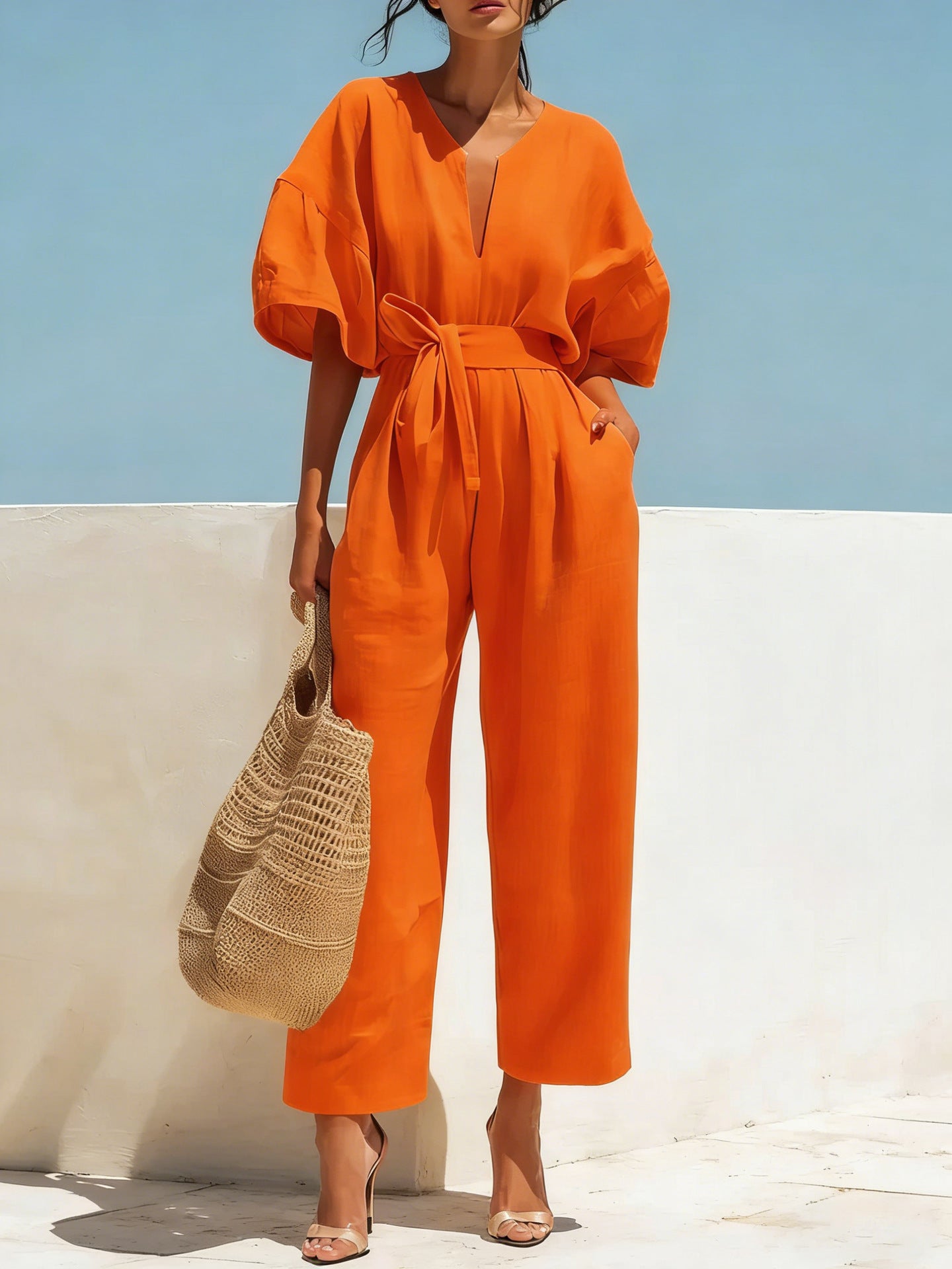Fashionable V-Neck Solid Color Cotton-Linen Jumpsuit For Women LadyShow.Store