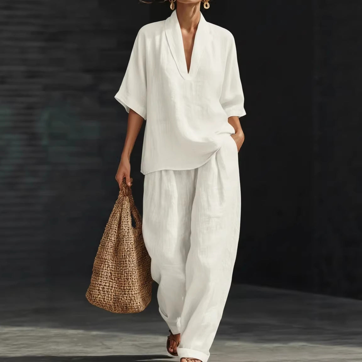 Women's Casual Simple Linen Two-Piece Set NorixaFashion.com