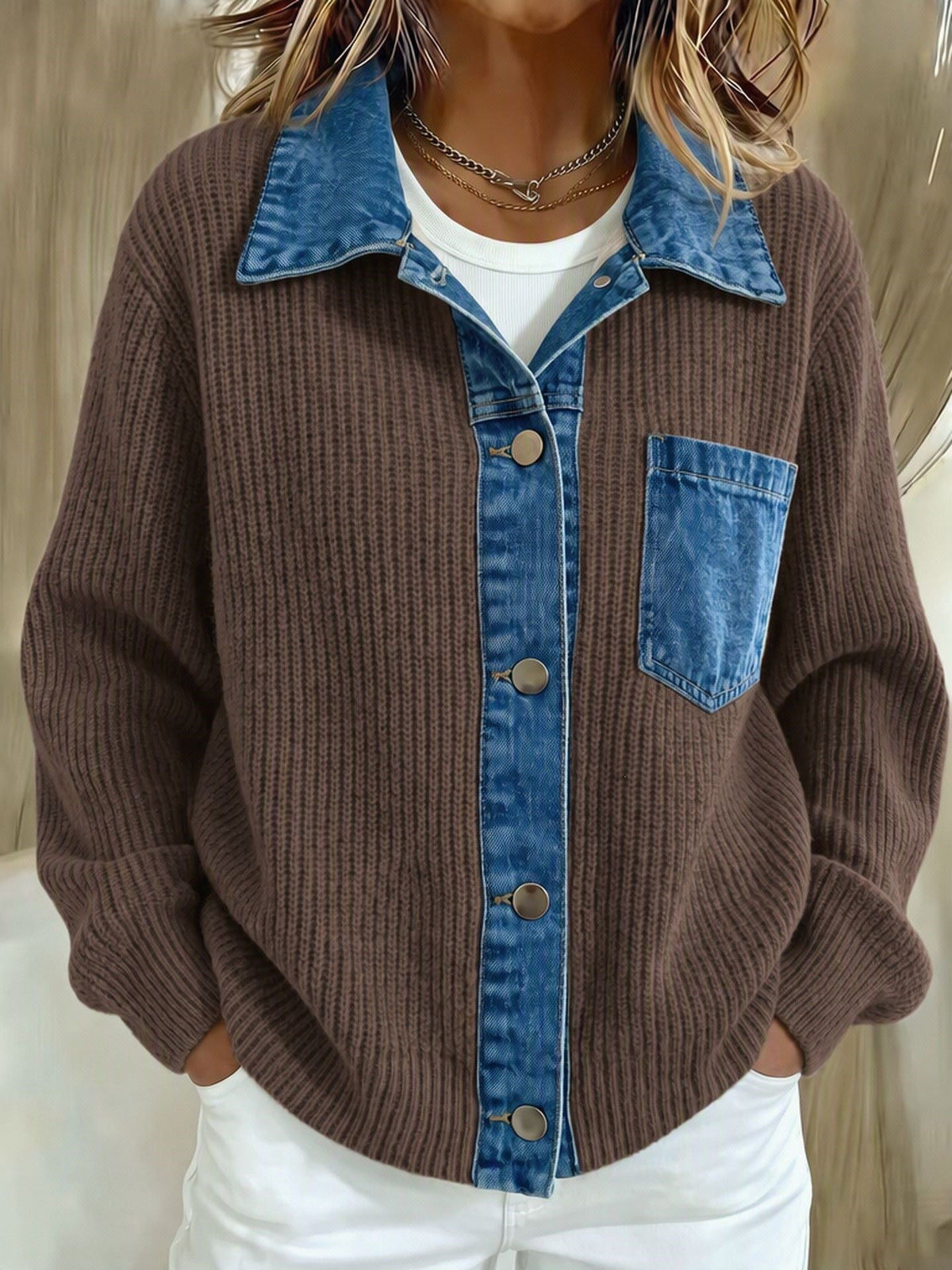 2026 European And American Cross-border Denim Patchwork Knit Cardigan For Women, Loose And Casual Style, Color-block Long-sleeve Sweater Jacket NorixaFashion.com