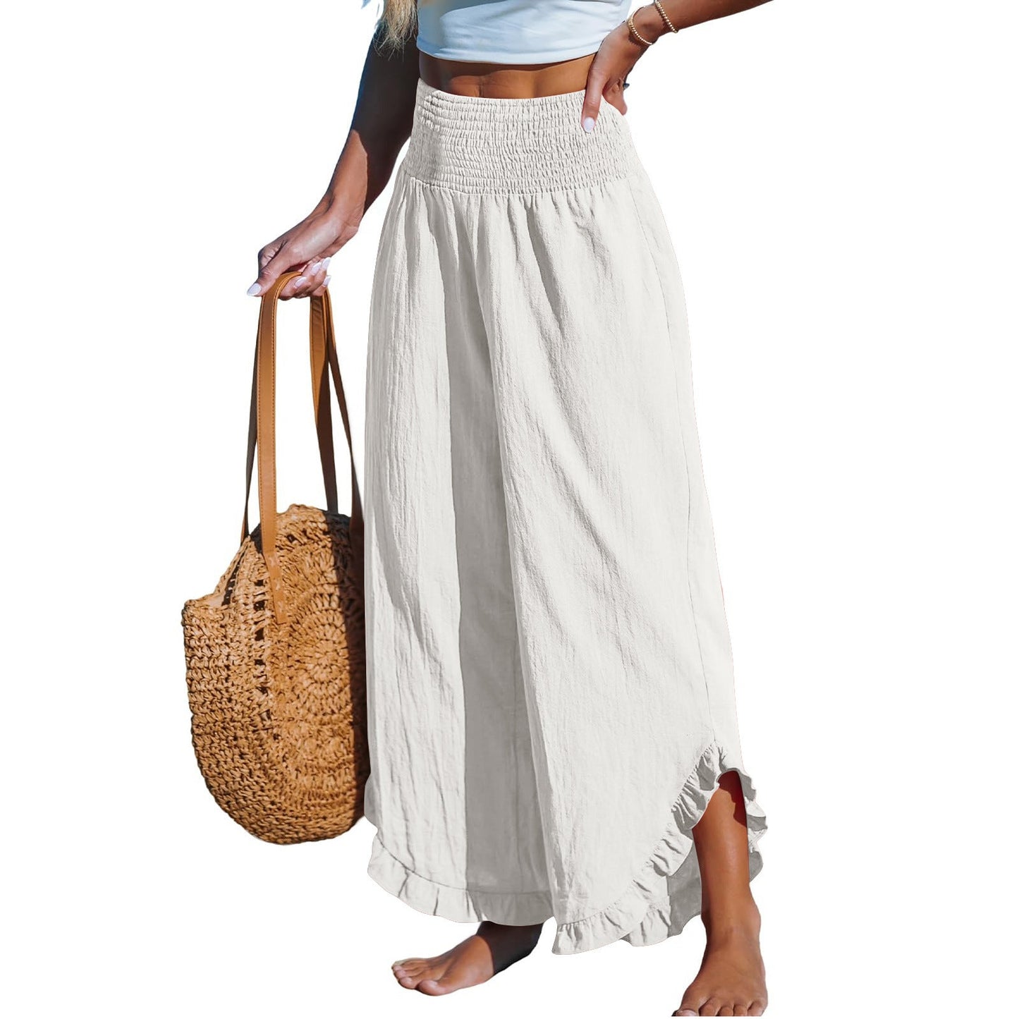 Pleated Asymmetrical Hem Cotton-linen Loose-fit Casual Pants NorixaFashion.com