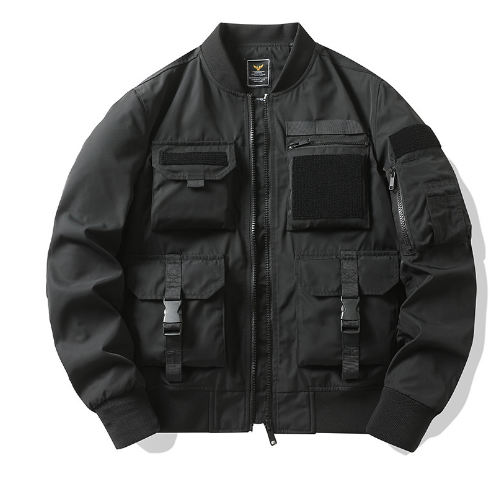 Graffiti Print Multi-Pocket Work Jacket with Ribbon Collar Pi-Mart