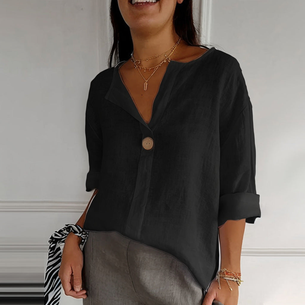 V-neck Long-sleeved T-shirt Fashion Loose Cotton And Linen Button Tops For Women NorixaFashion.com