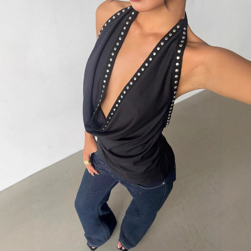 Solid-color Top With Studs Sexy Womens Clothing LadyShow.Store