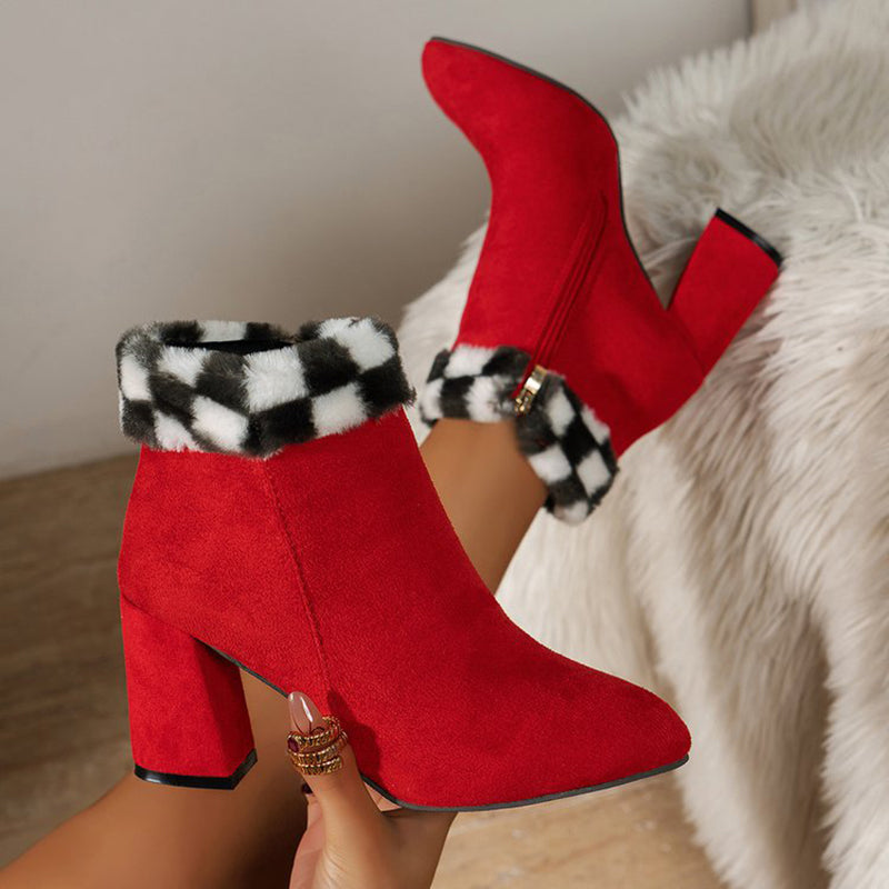 New Plaid Print Plush Ankle Boots Winter Fashoin Square Heel Suede Boots Women Casual Versatile Shoes Autumn And Winter LuxuryLifeWay Online Store