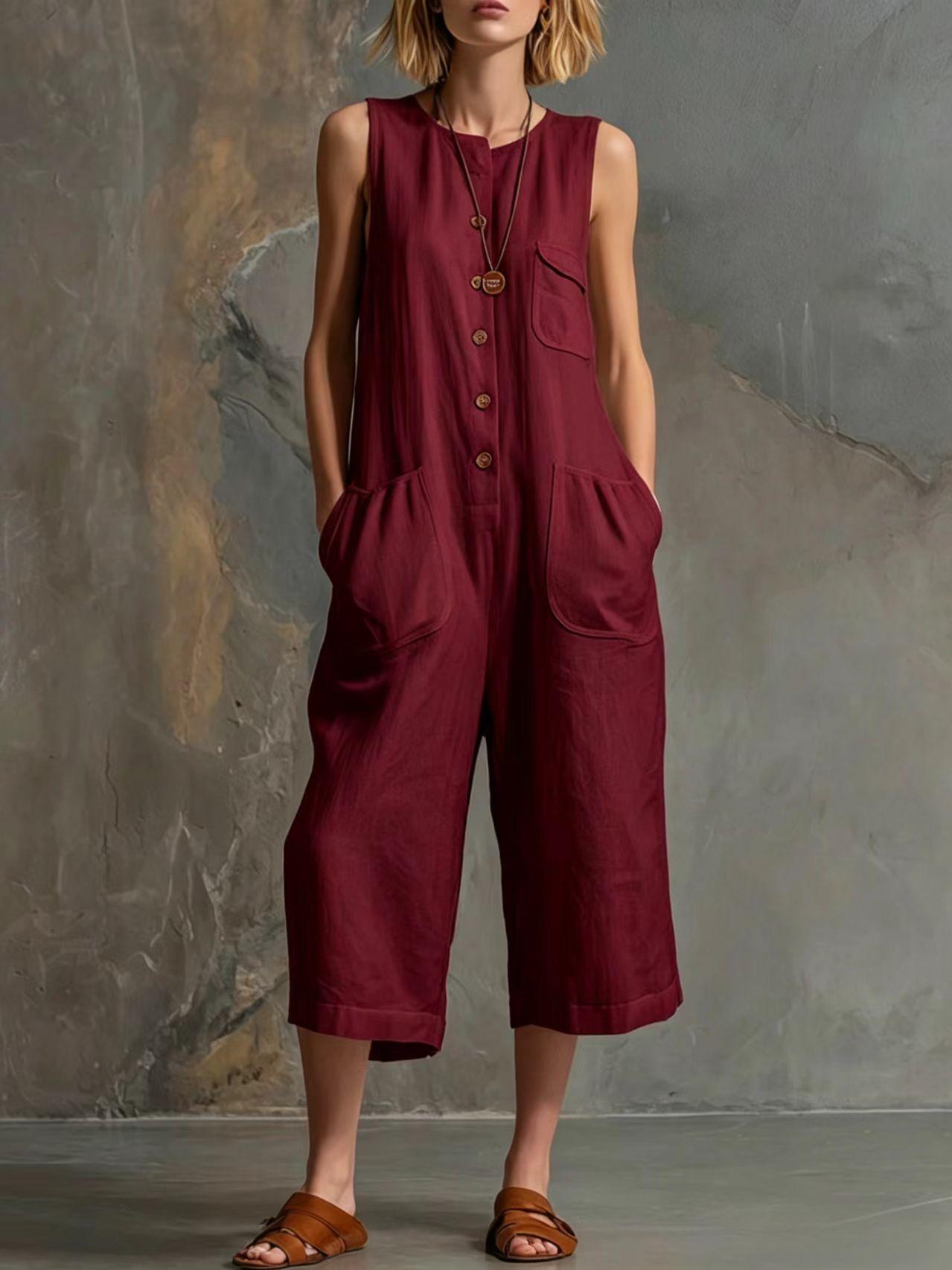 Retro Sleeveless Cotton-Linen Wide-Leg Cropped Jumpsuit LadyShow.Store