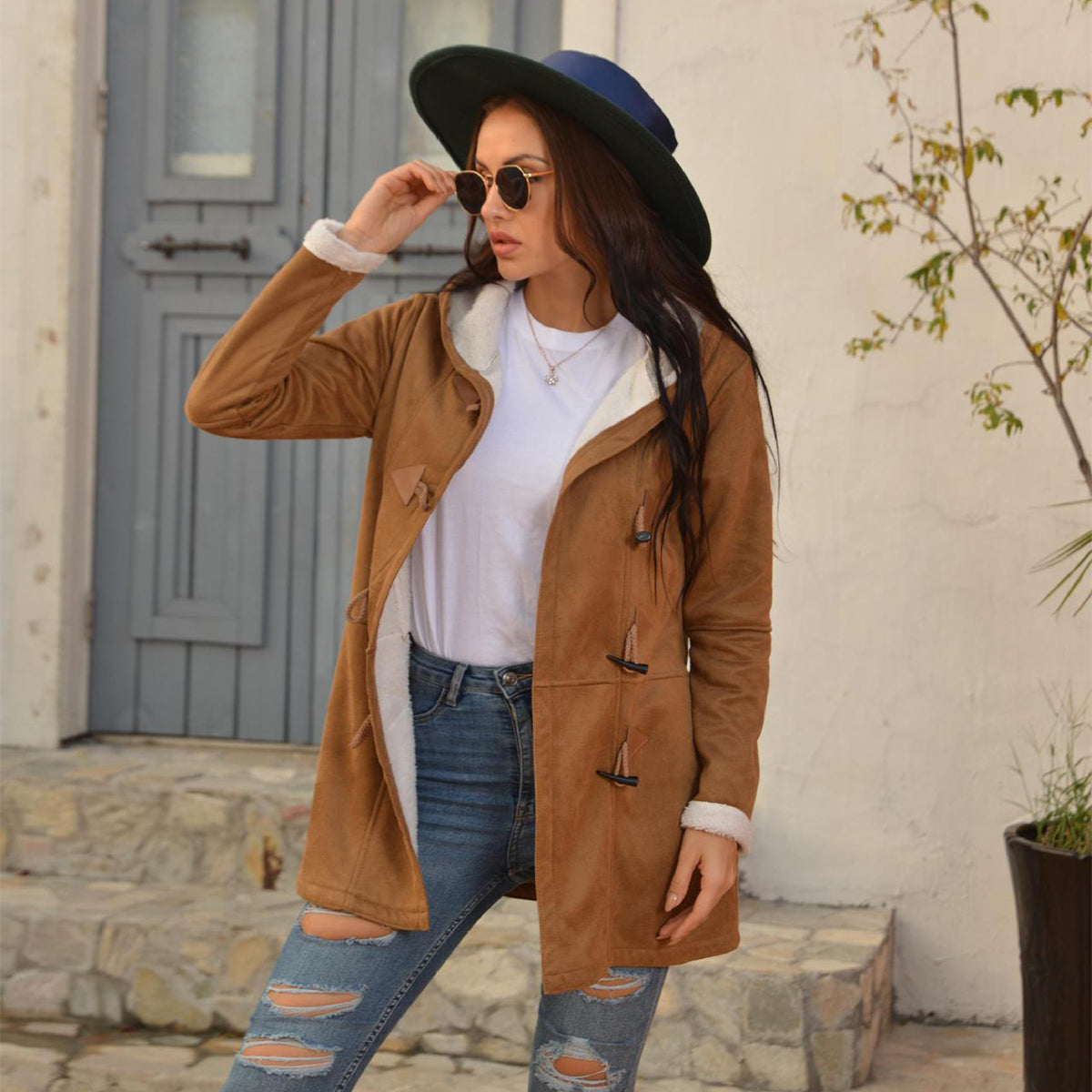 Winter Vintage Button Jackets Women's Warm Fleece Hooded Coat Casual Mid-Length Trench Top Outwear Clothing NorixaFashion.com