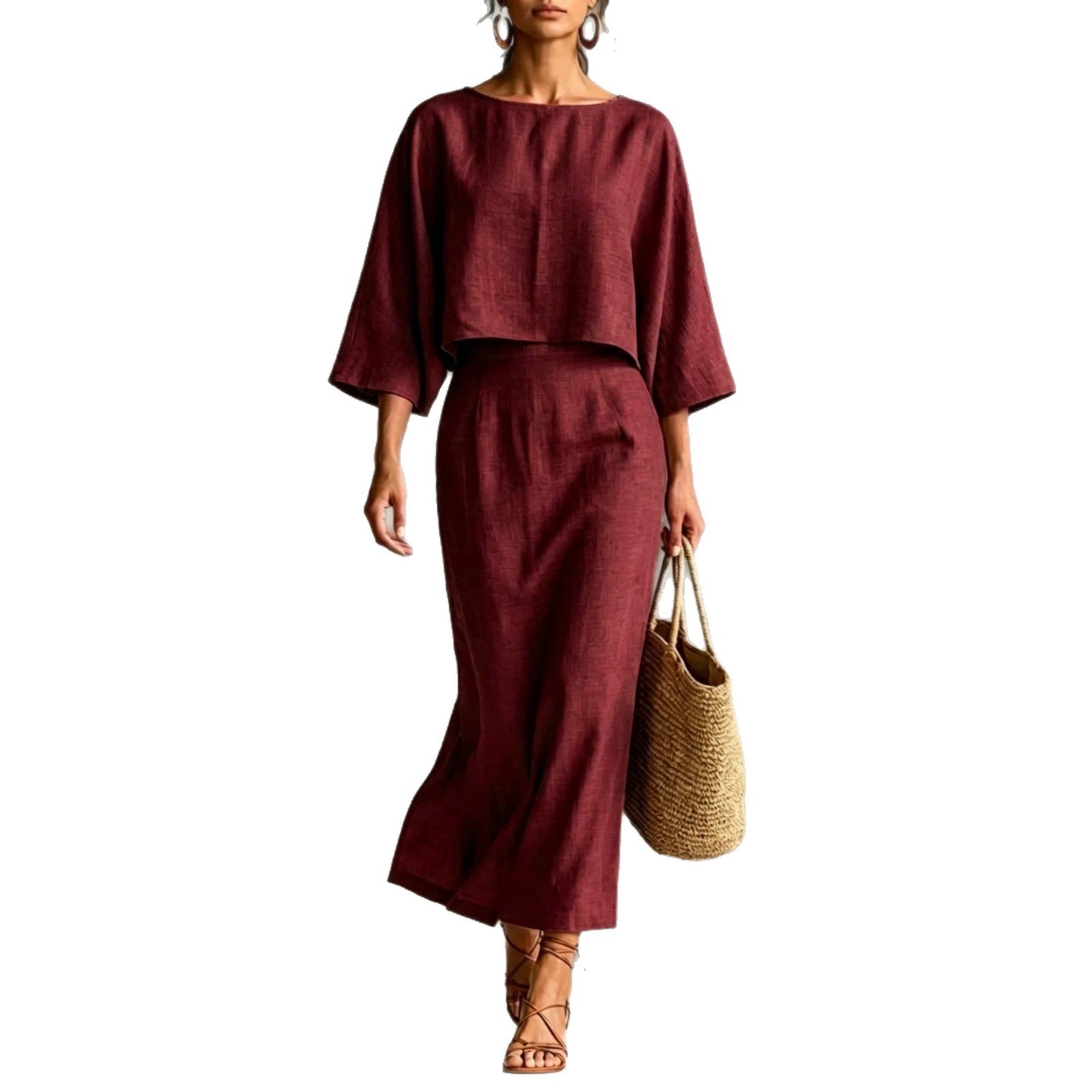 High Waisted Long Skirt Set With A Round Neck Three Quarter Sleeved Loose Fitting Womens Top NorixaFashion.com