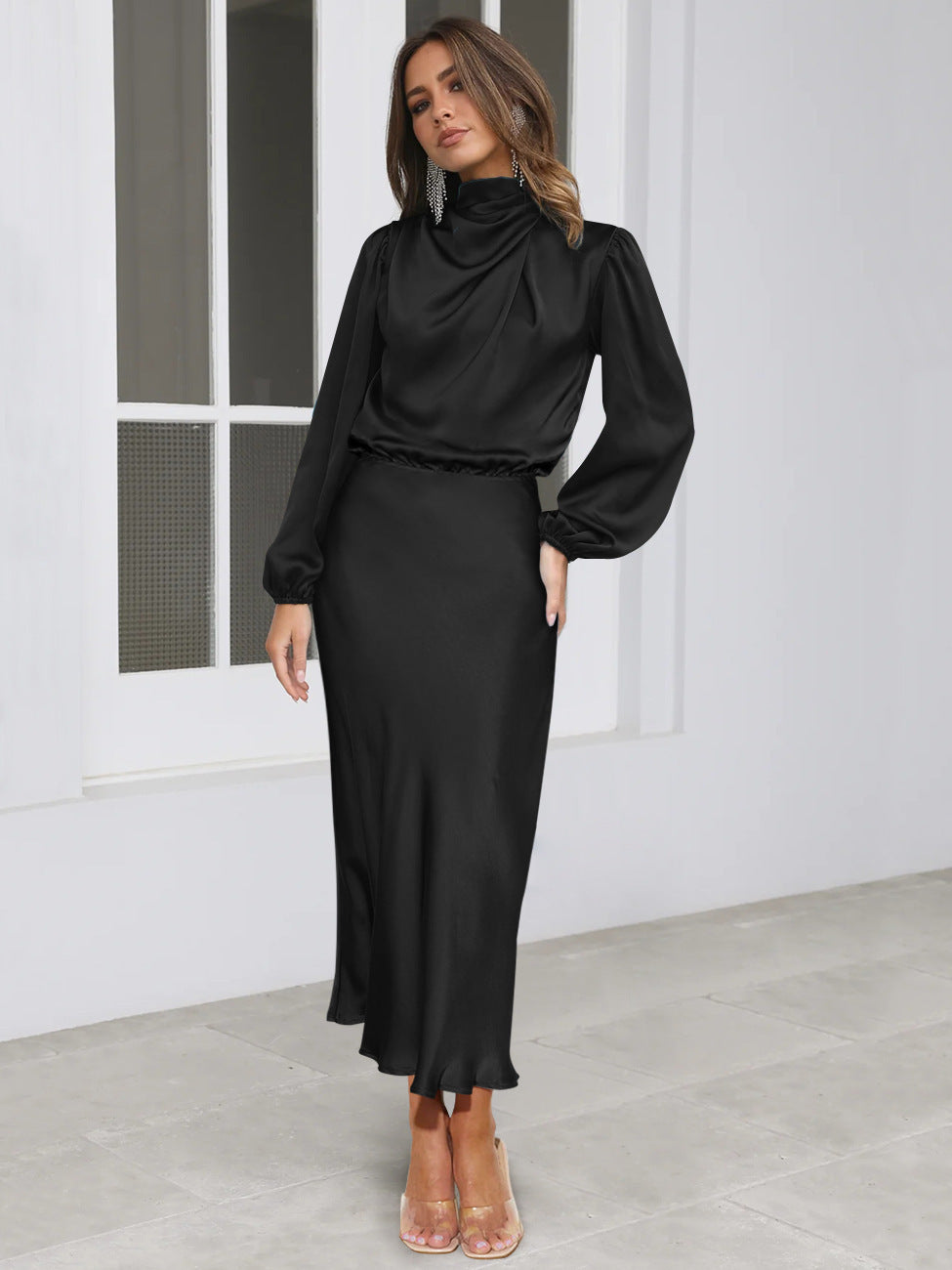 Elegant Temperament Long-sleeved Dress Satin Halterneck Formal Evening Dresses Women Clothing LadyShow.Store