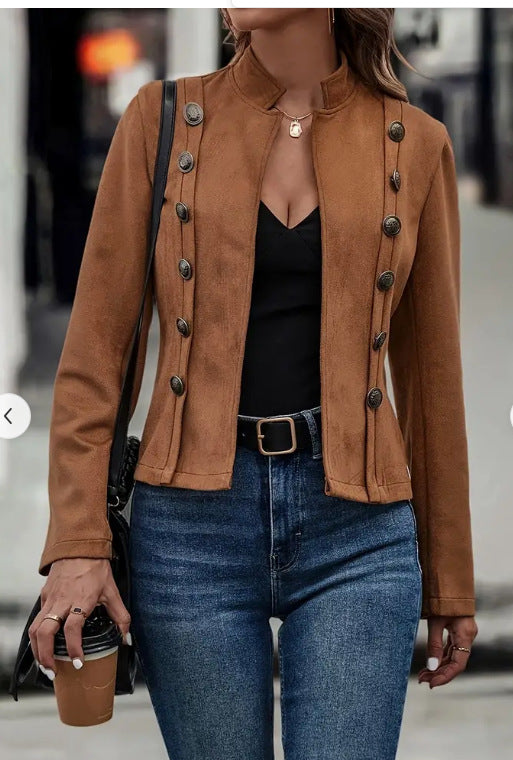 Women's Solid Color Double-breasted Decorative Deerskin Velvet Retro Long-sleeved Jacket LadyShow.Store