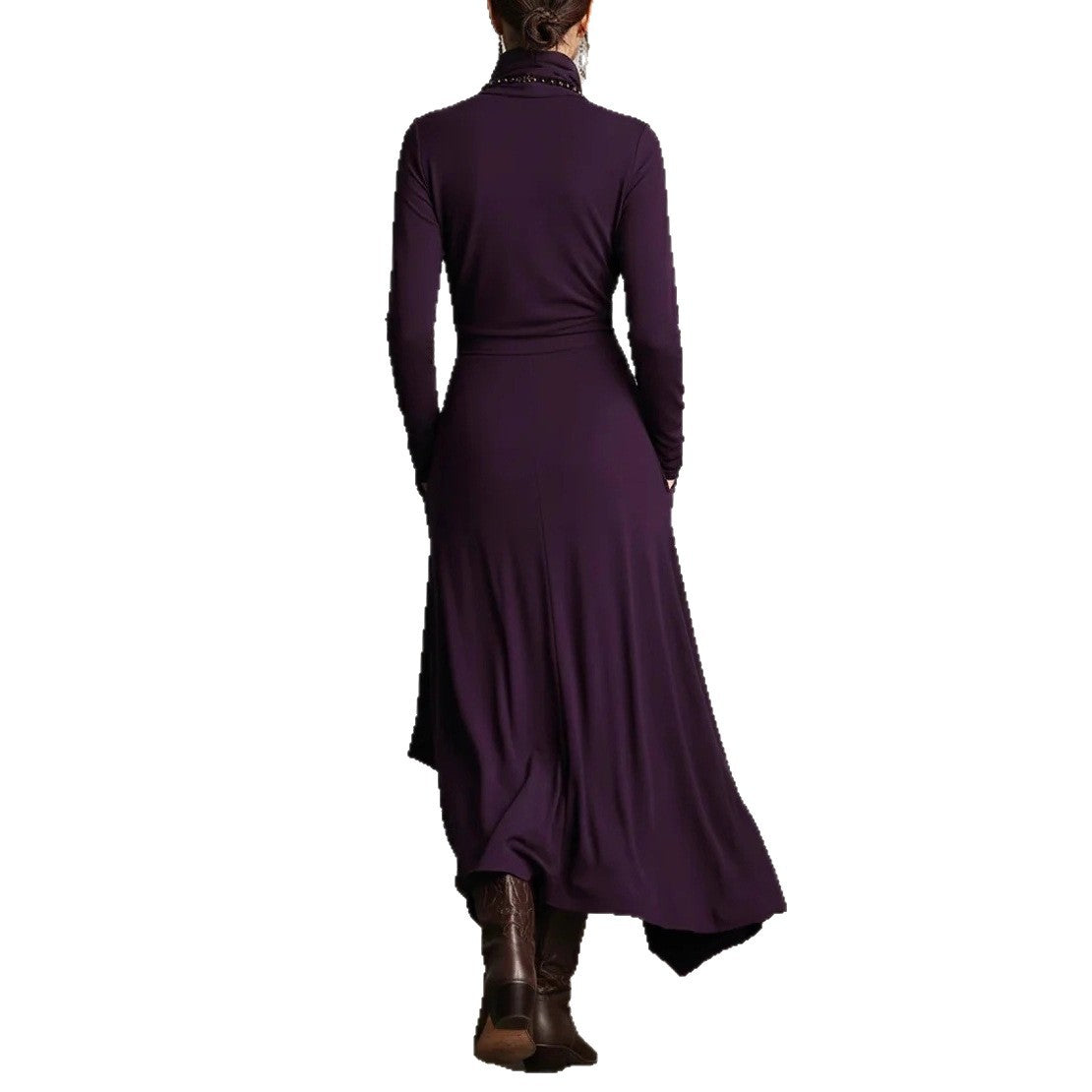 Women's Solid Color Cross-sleeve High-neck Dress LadyShow.Store