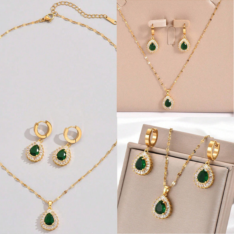 Retro Hong Kong Style Jade White Suit Necklace Earrings All-match Jewelry LadyShow.Store