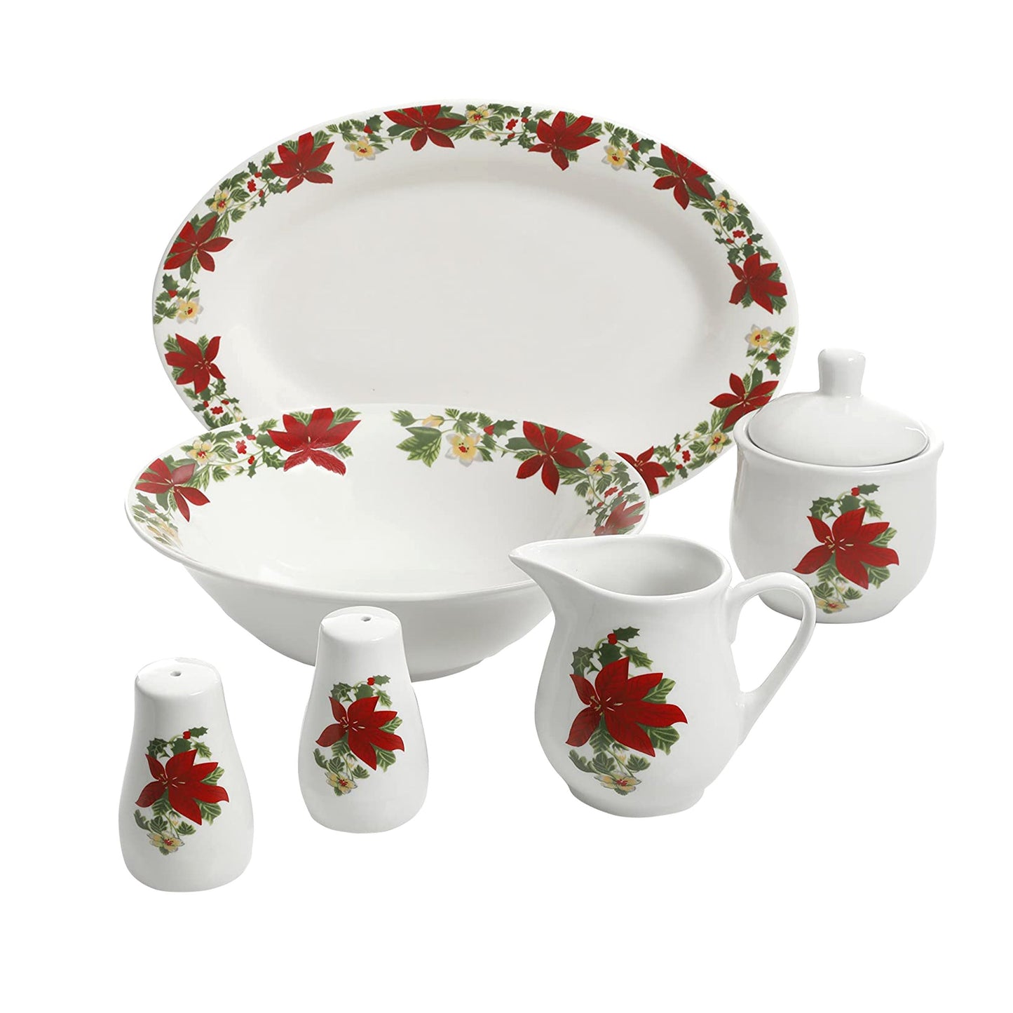 Perfect for Holidays Poinsettia 7 Piece Porcelain Serving Set in Red LuxuryLifeWay Online Store