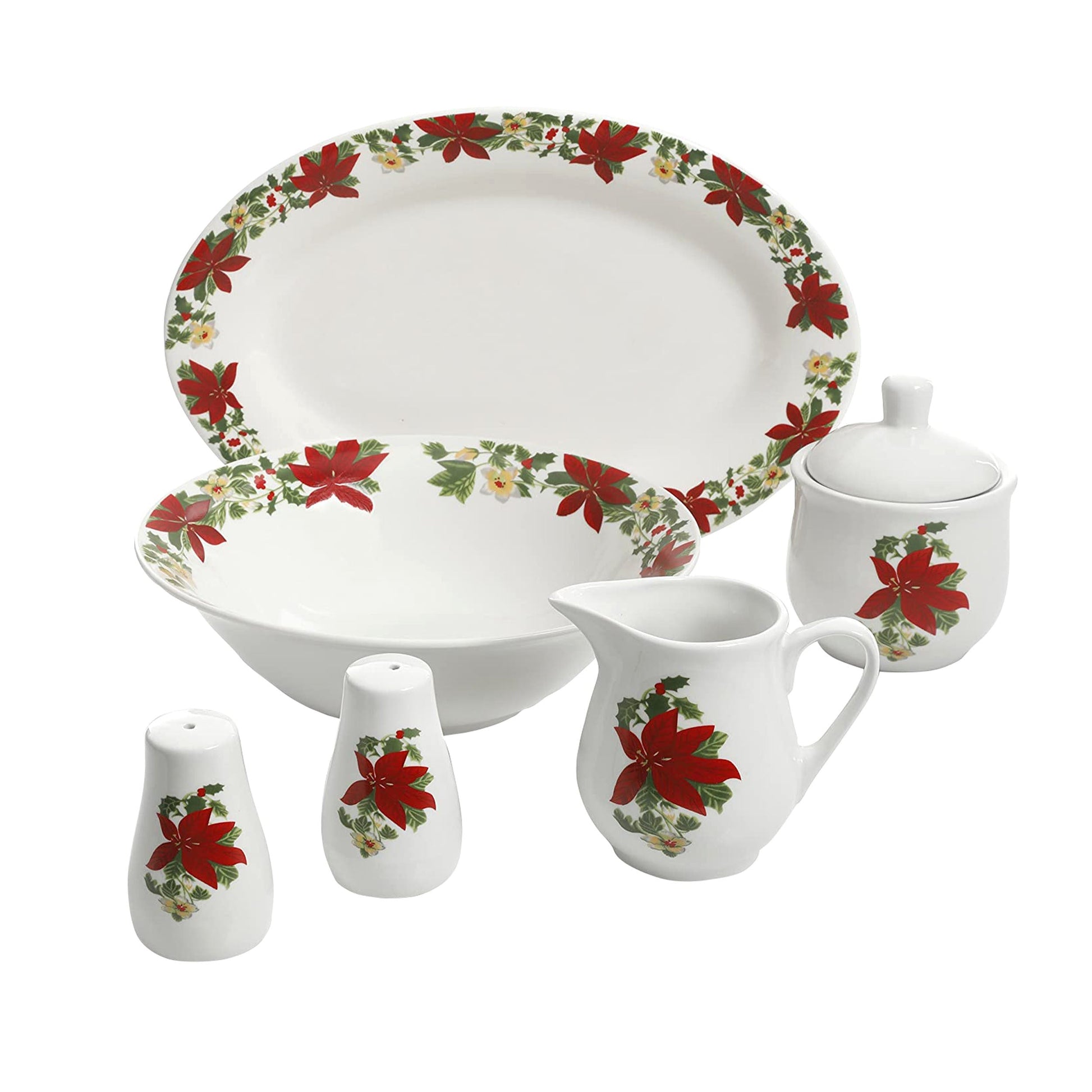 Perfect for Holidays Poinsettia 7 Piece Porcelain Serving Set in Red LuxuryLifeWay Online Store