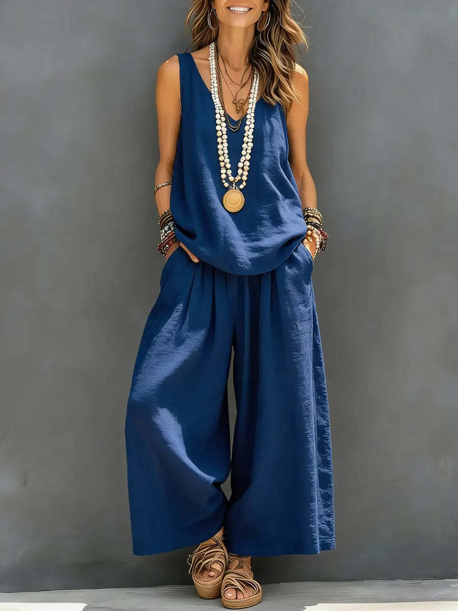 Womens Solid-Colored Casual Sleeveless Tank Top And Wide-Leg Pants Cotton-Linen Set LadyShow.Store