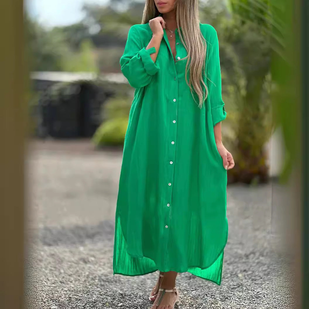 2026 Women's Dress, Cotton And Linen Shirt, Long Skirt, Fashionable Casual Long Sleeved Cardigan Dress NorixaFashion.com