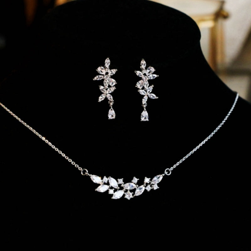French Exquisite Zircon Leaves Super Fairy Bridal Wedding Necklace Earrings LadyShow.Store